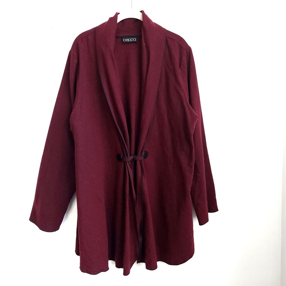 Beppa Women’s Large Burgundy Shawl Wool Cardigan Boho Minimalist‎ Cozy Lagenlook